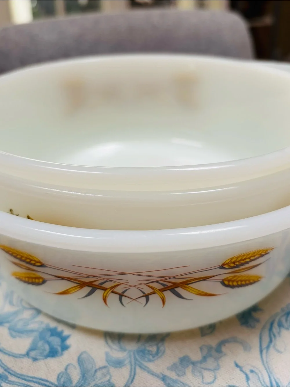 Fire King White Glass Mixing Bowls with Golden Wheat & Floral Accents